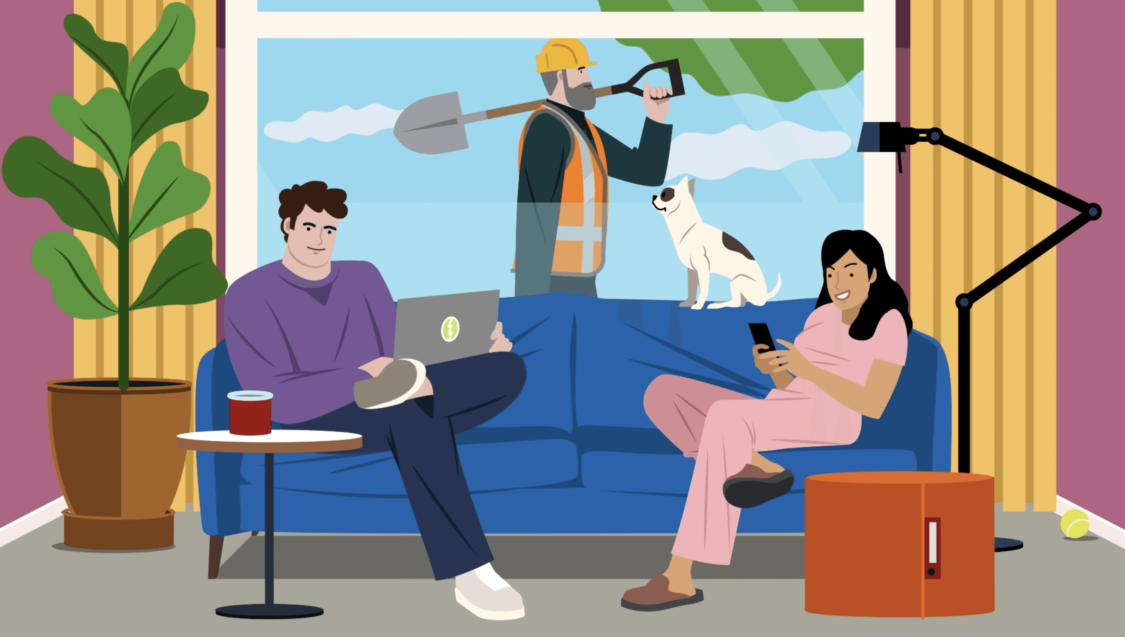 Illustratie van een man en vrouw in een woonkamer met laptop en telefoon, terwijl buiten een glasvezelmonteur werkt; hond op de vensterbank.