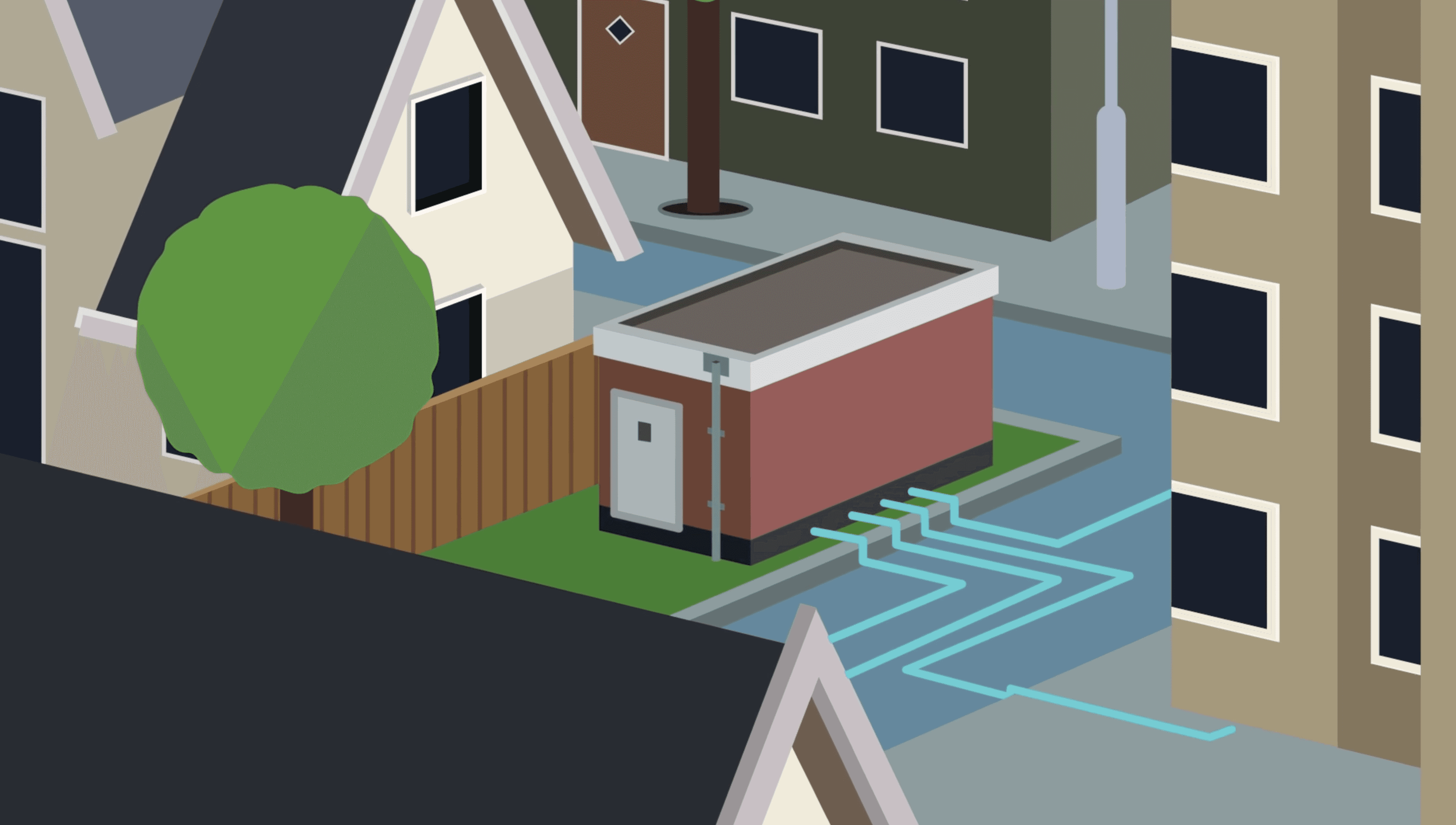 Isometrische illustratie van een rood-wit nutsgebouwtje in een woonwijk met rijtjeshuizen en een appartementencomplex, met lichtblauwe glasvezel kabels die onder de straat vandaan komen.